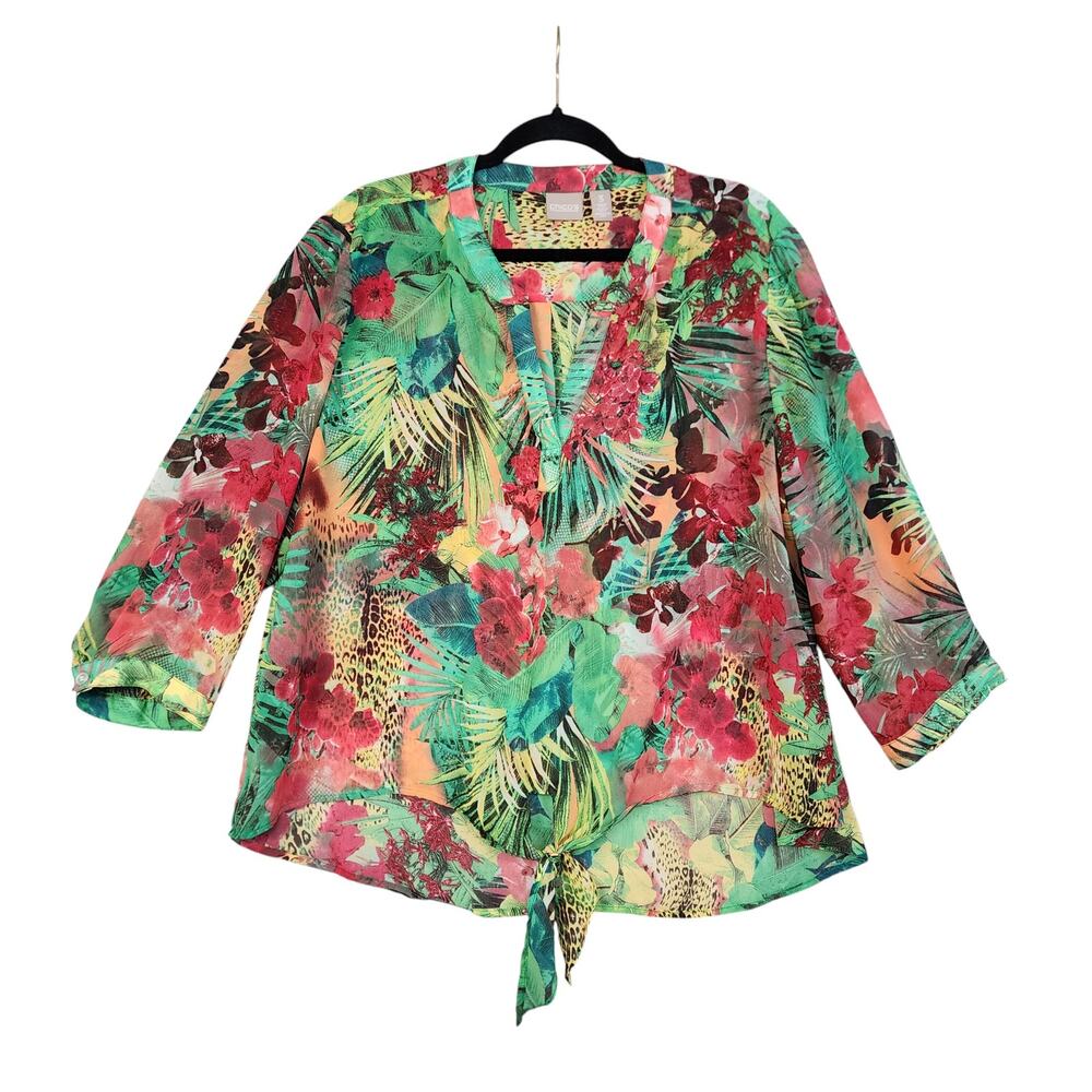 Chicos Womens Tie Front Tropical Blouse Size XL‎ Split Neck Leopard Palm Leaf